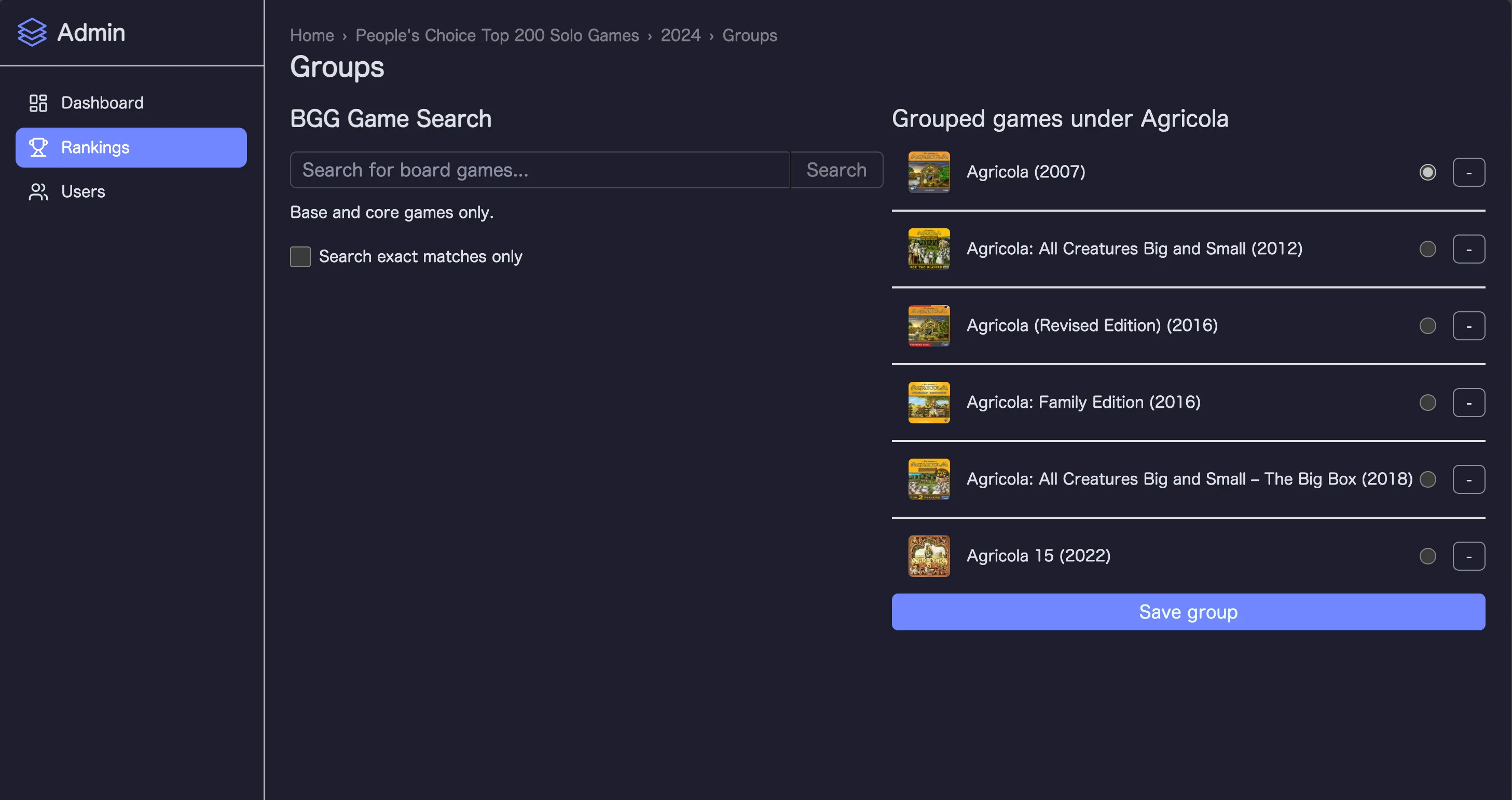 Grouped games admin